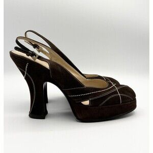Prada F/W 2000 Brown Suede Slingback Heels w/ Whipstitch Accent Vintage Sz EU 38
